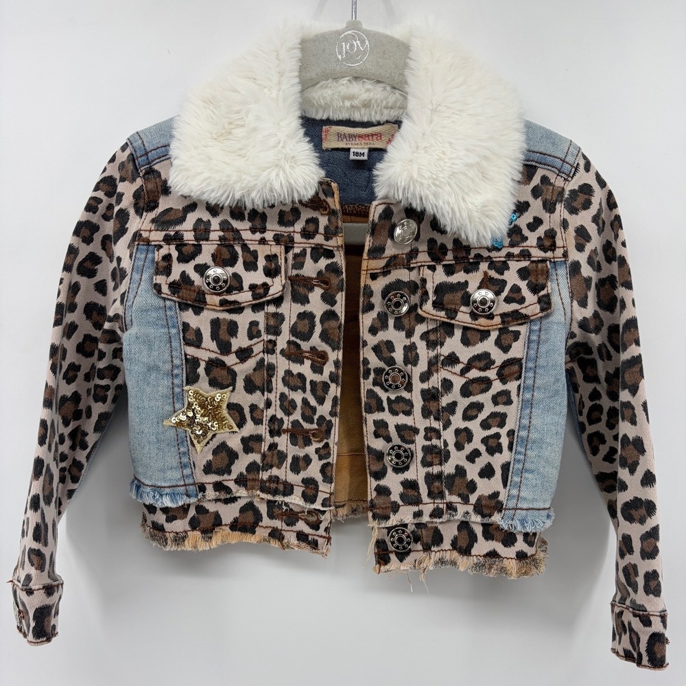 Baby Sara Leopard Print Denim Jacket and Jeans Set Faux Fur Sequin 18M B34229